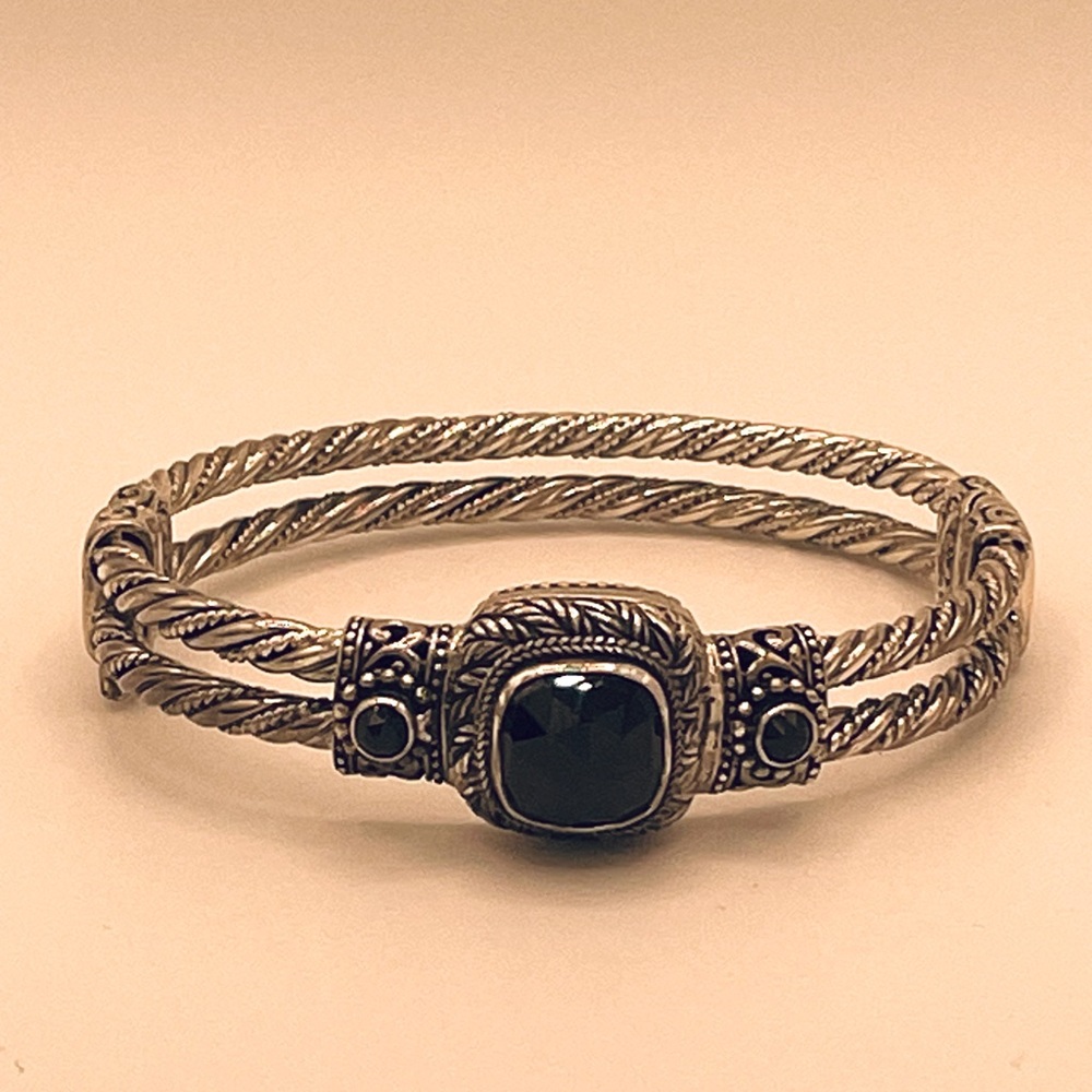 NEW SARDA 925 Sterling Silver Black Spinel Checkerboard Onyx Cuff Bracelet 7.25”